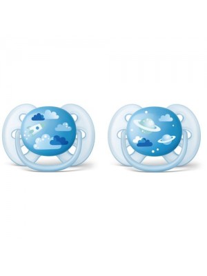 Chupeta Ultra Soft Masculina Azul Decorada Dupla 6 a 18 meses Avent 