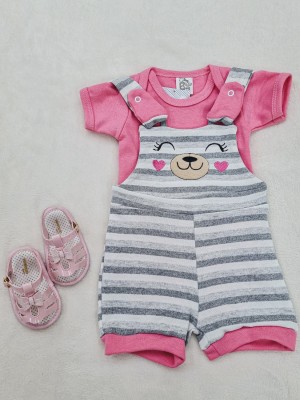 Jardineira Rosa Bordada Ursinha Baby Bee 