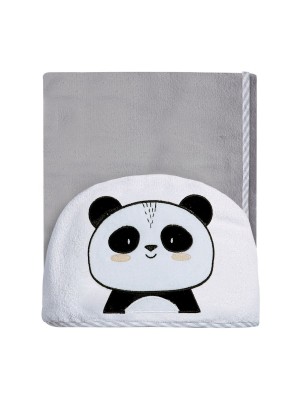 Toalha de Banho Forrada Cinza com capuz bordado de Panda Friends